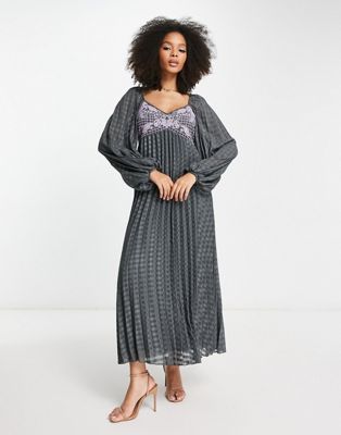ASOS DESIGN embroidered bust pleated midi dress with long sleeve in dark grey - ASOS Price Checker