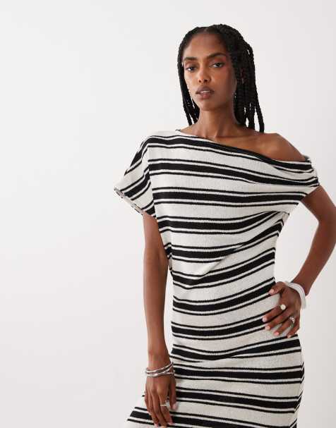 ASOS DESIGN - Robe mi-longue plissée à rayures avec épaules dénudées - Bleu marine - view 1