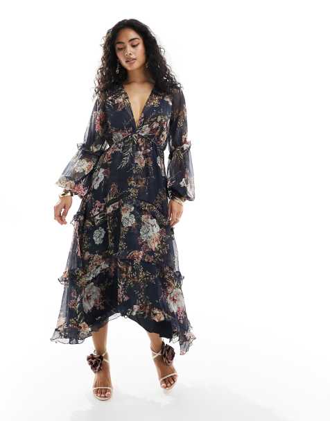 ASOS DESIGN - Robe mi-longue plissée à volants avec bordure en dentelle - Bleu marine floral - view 1