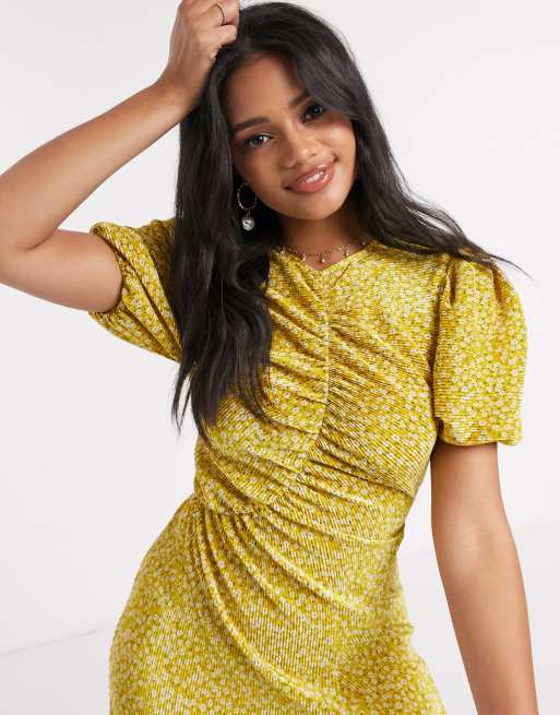 ASOS DESIGN Robe mi longue plissee avec coutures Jaune a petites fleurs