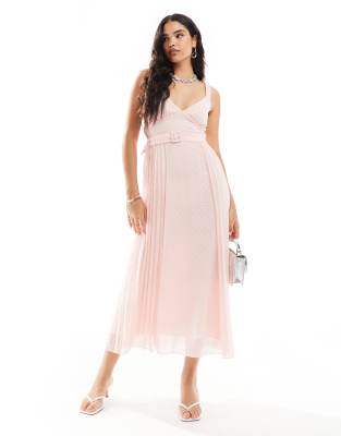 ASOS DESIGN - Robe mi-longue plissée avec décolleté plongeant et ceinture à la taille - Rose pastel