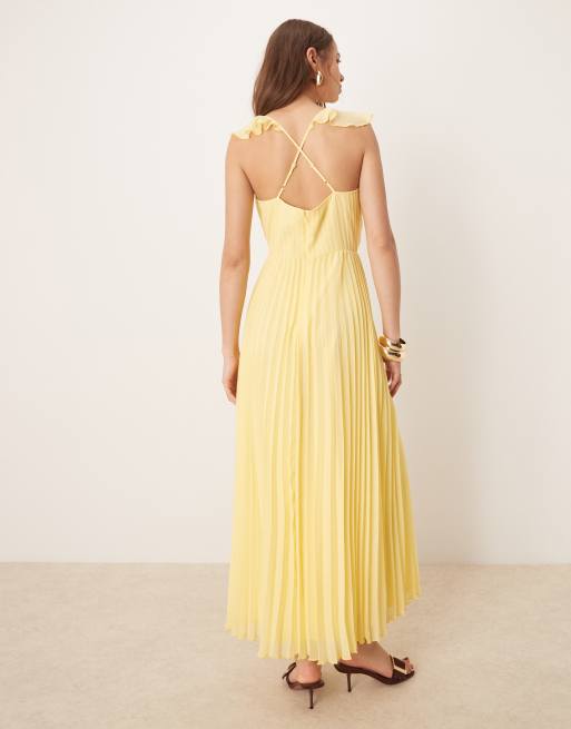 ASOS DESIGN - Robe mi-longue plissée avec détail croisé à volants - Jaune citron, 4 de 4