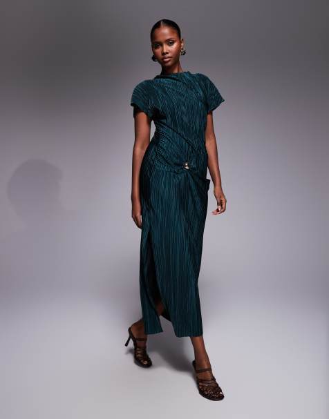 ASOS DESIGN - Robe mi-longue plissée avec détail torsadé et finition métallique - Vert - view 1