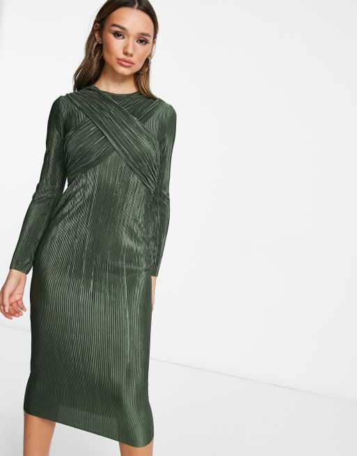 ASOS DESIGN - Robe mi-longue plissée croisée devant - Kaki