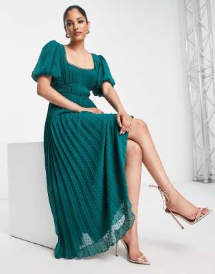 ASOS DESIGN - Robe mi-longue plissée en plumetis à manches bouffantes et bordure festonnée - Vert forêt | ASOS