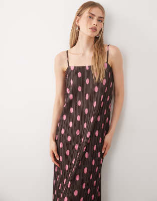 Robe mi-longue plissée sans manches à encolure carrée et imprimé à pois-Marron S