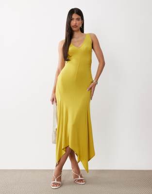 Robe mi-longue près du corps en tissu doux à col V et ourlet mouchoir - Chartreuse-Vert 44