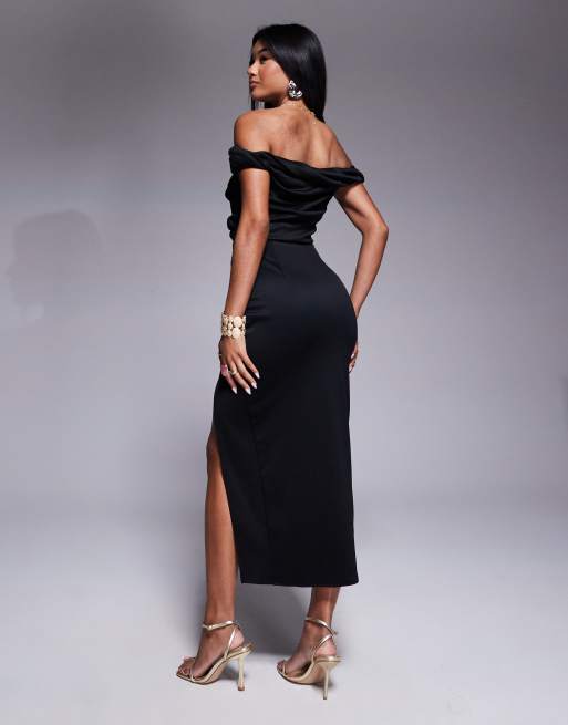 ASOS DESIGN structured twist off the shoulder bodycon midi dress in black