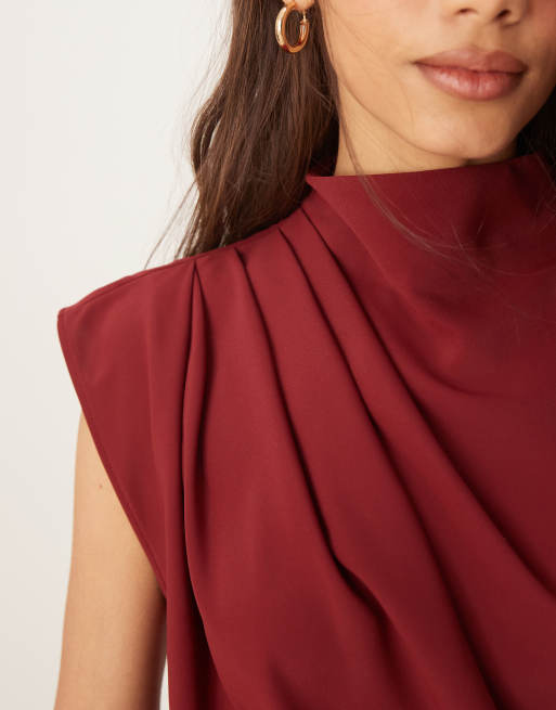 ASOS DESIGN - Robe mi-longue sans manches à col montant et encolure drapée - Bordeaux, 3 de 4