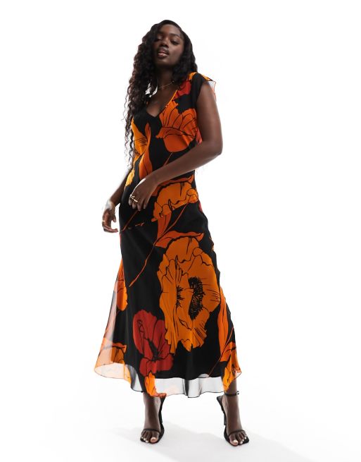 ASOS DESIGN Robe mi longue sans manches col V et imprim fleurs Orange