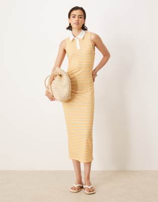 ASOS DESIGN - Robe mi-longue sans manches à rayures avec col polo et taille froncé - Jaune-Multicolore