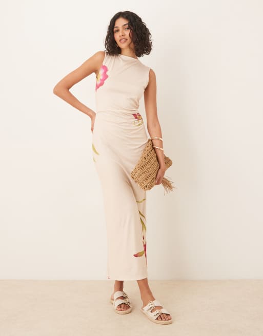 ASOS DESIGN - Robe mi-longue sans manches avec dos ouvert à fleurs - Crème