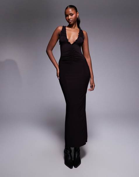 ASOS DESIGN - Robe mi-longue sans manches avec encolure froncée - Chocolat - view 1