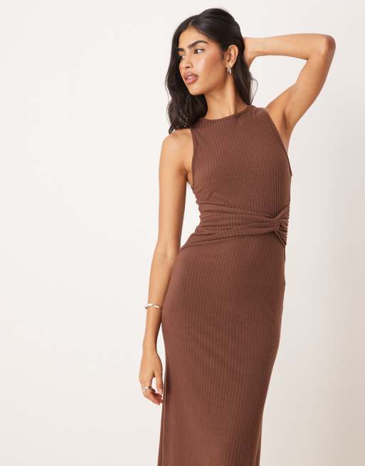 ASOS DESIGN - Robe mi-longue sans manches côtelée à dos nageur avec nœud à la taille - Chocolat, 3 de 4