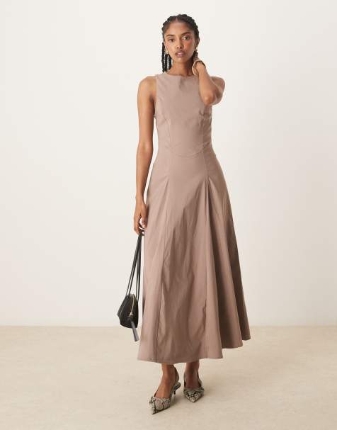 ASOS DESIGN - Robe mi-longue sans manches en bengaline à taille corsetée - Marron moka - view 1