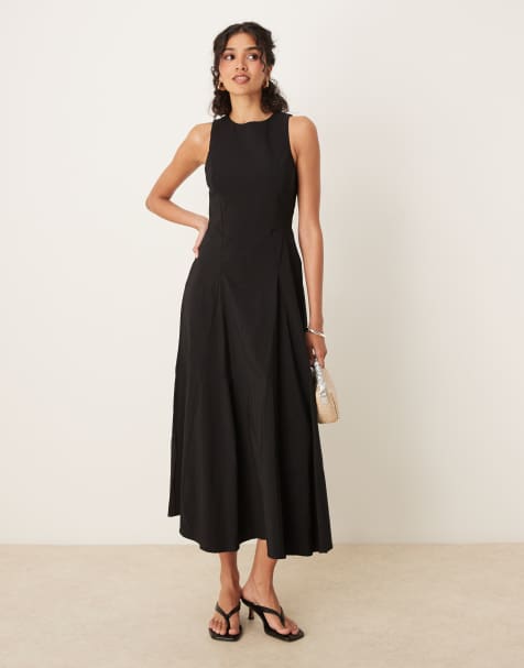 ASOS DESIGN - Robe mi-longue sans manches en bengaline à taille corsetée - Noir - view 1