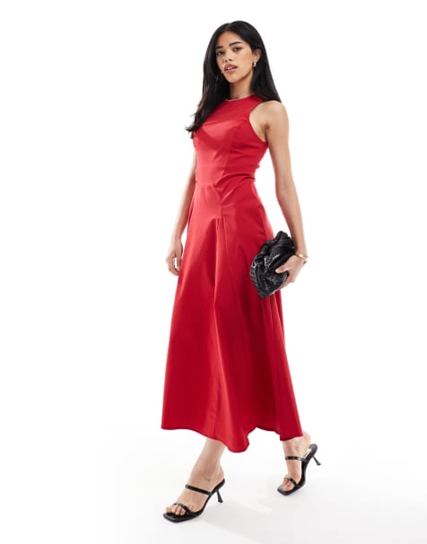 ASOS DESIGN - Robe mi-longue sans manches en bengaline à taille corsetée - Rouge - view 1