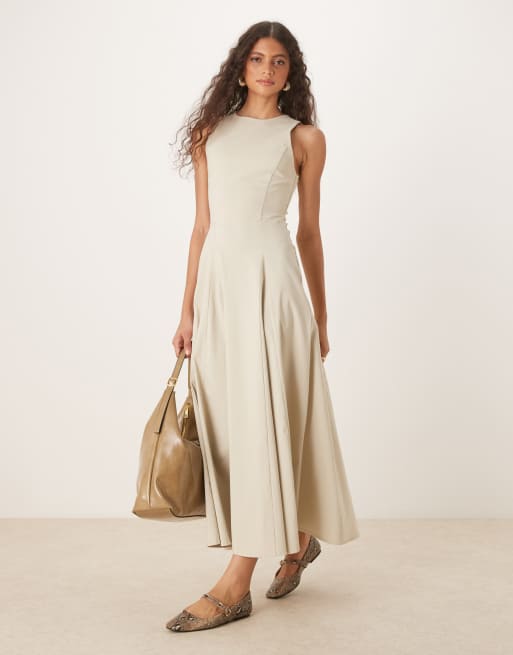 ASOS DESIGN - Robe mi-longue sans manches en bengaline à taille corsetée - Taupe