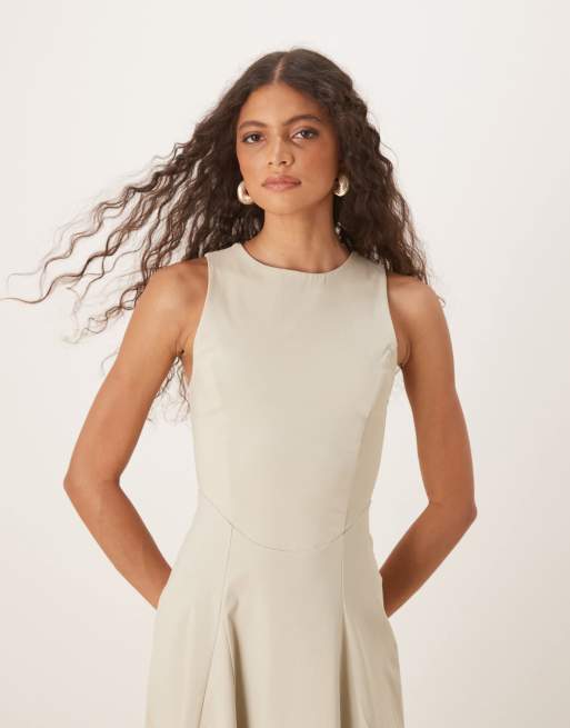 ASOS DESIGN bengaline sleeveless corset waist midi dress in stone