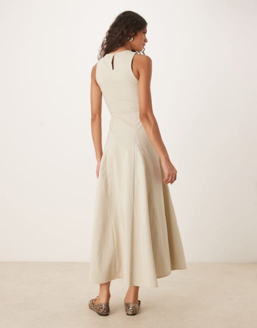 ASOS DESIGN bengaline sleeveless corset waist midi dress in stone