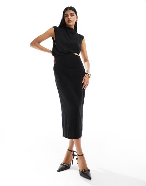 ASOS DESIGN - Robe mi-longue sans manches en lin avec découpe à la taille - Noir - view 1
