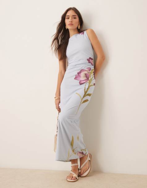 ASOS DESIGN - Robe mi-longue sans manches en tissu doux à fleurs - Bleu pastel - view 1