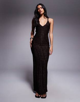 Robe mi-longue sans manches texturée à encolure dégagée - Marron-Vert 34
