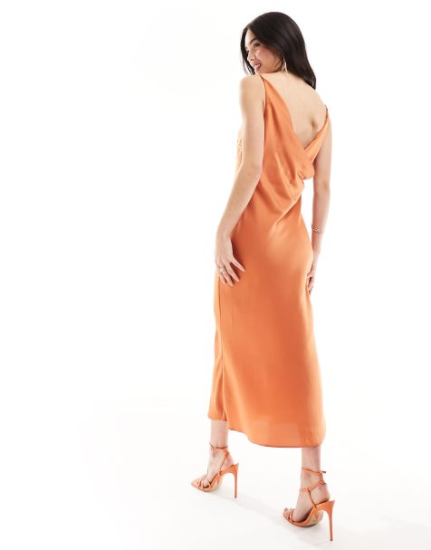 ASOS DESIGN - Robe mi-longue satinée à encolure carrée et dos bénitier - Rouille - view 1