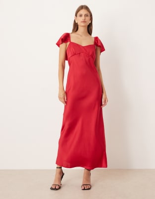 Robe mi-longue satinée à manches évasées - Rouge foncé 40