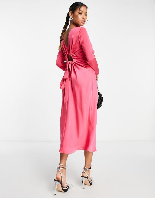 ASOS DESIGN - Robe mi-longue satinée avec cordon de serrage au dos et manches longues - Rose, 2 de 4