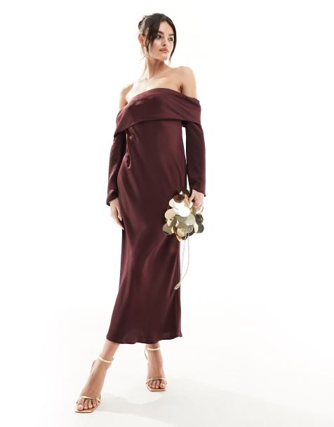 ASOS DESIGN - Robe mi-longue satinée avec encolure Bardot repliée et manches longues - Lie-de-vin - view 1
