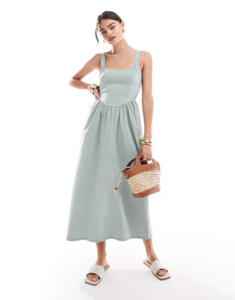 ASOS DESIGN - Robe mi-longue style années 90 en bengaline avec encolure carrée et jupe évasée - Vert sauge - view 1