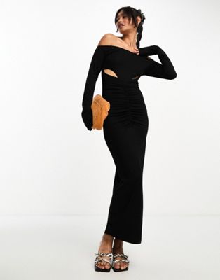 ASOS DESIGN bardot ruched front cut out long sleeve midi dress in black - ASOS Price Checker