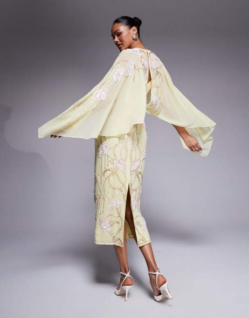 ASOS DESIGN - Robe mi-longue style cape ornée de fleurs - Jaune pâle , 2 de 4