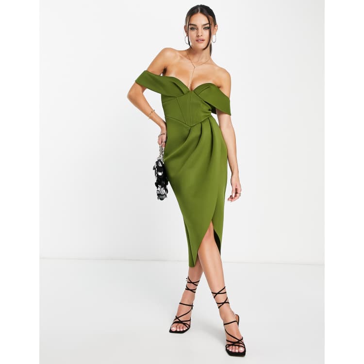 ASOS DESIGN Robe mi longue style corset a epaules denudees Olive ASOS