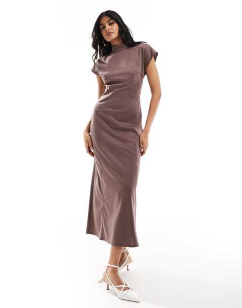 ASOS DESIGN - Robe mi-longue surpiquée à col montant et mancherons - Taupe - view 1