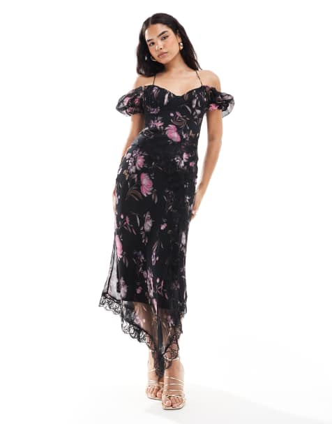 ASOS DESIGN - Robe mi-longue tendance folk à fleurs foncées avec détails en dentelle - view 1