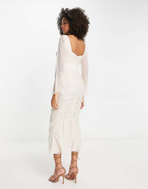 ASOS DESIGN - Robe mi-longue tendance folk à manches évasées et détail froncé - Crème, 2 de 4