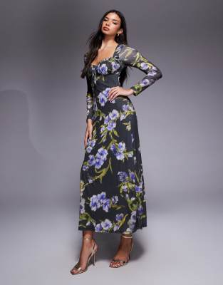 Robe mi-longue tendance folk à manches longues - Noir fleuri-Multicolore XS