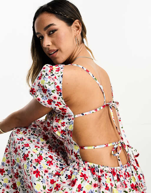 ASOS DESIGN - Robe mi-longue tendance folk avec buste froncé et dos nu noué - Imprimé fleurs de couleur vive, 3 de 4