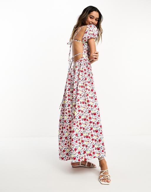 ASOS DESIGN - Robe mi-longue tendance folk avec buste froncé et dos nu noué - Imprimé fleurs de couleur vive, 4 de 4