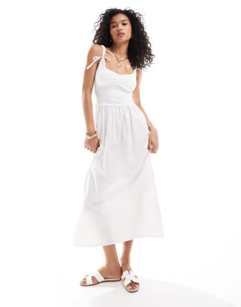 ASOS DESIGN - Robe mi-longue tendance folk avec nœuds sur les bretelles - Blanc - view 1