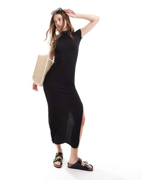 ASOS DESIGN - Robe mi-longue texturée à manches courtes - Noir - view 1