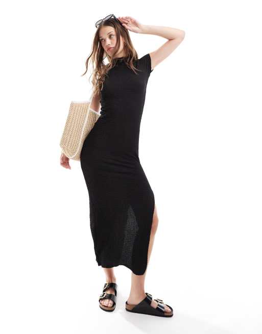 ASOS DESIGN - Robe mi-longue texturée à manches courtes - Noir