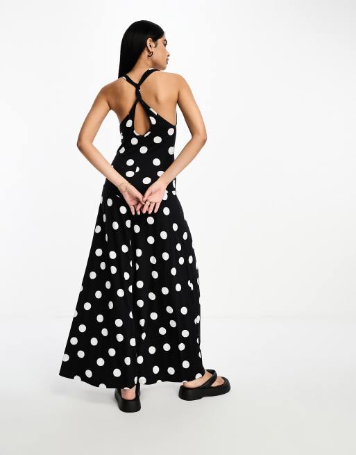 ASOS DESIGN - Robe mi-longue torsadée au dos à encolure dégagée avec pois - Noir et blanc , 2 de 4
