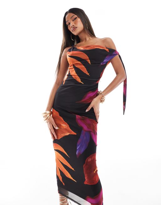 ASOS DESIGN - Robe mi-longue torsadée et drapée à imprimé fleurs tropicales, 4 de 4
