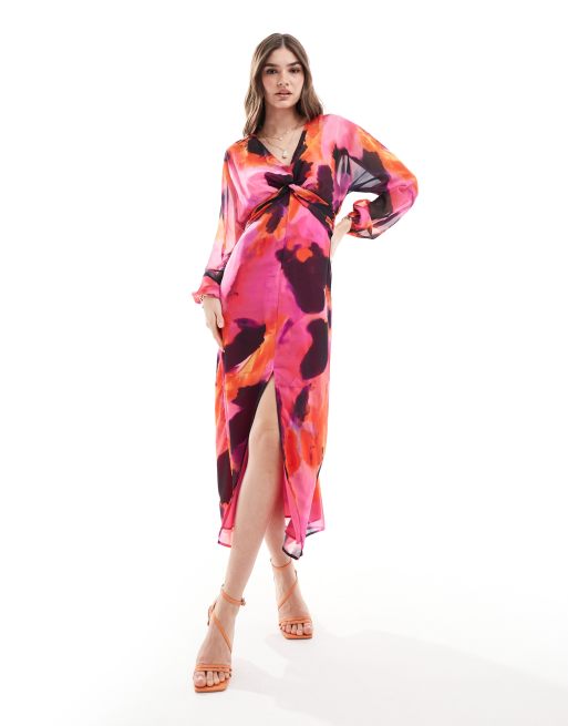ASOS DESIGN - Robe mi-longue transparente nouée devant à imprimé abstrait - Rose