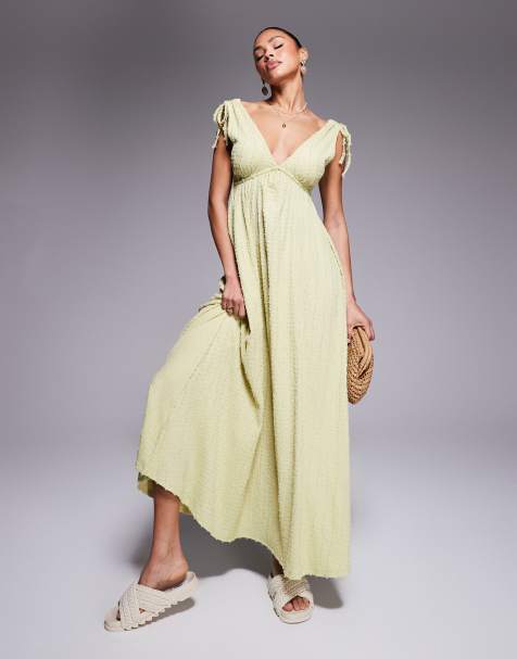 ASOS DESIGN - Robe mi-longue trapèze à décolleté V profond en tissu texturé - Sauge - view 1