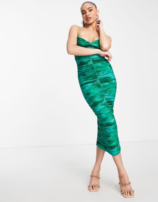 ASOS DESIGN - Robe mi-longue type caraco à fines bretelles et détails froncés effet tie-dye - Vert