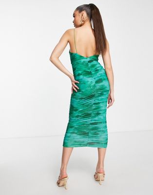 Femme Robe mi-longue type caraco à fines bretelles et détails froncés effet tie-dye - Vert